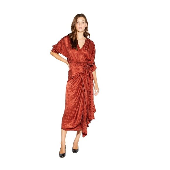Revolve CALLAHAN Sami Convertible* Draped Rust Satin Tie‎ Waist Midi Dress sz XS - Picture 1 of 15